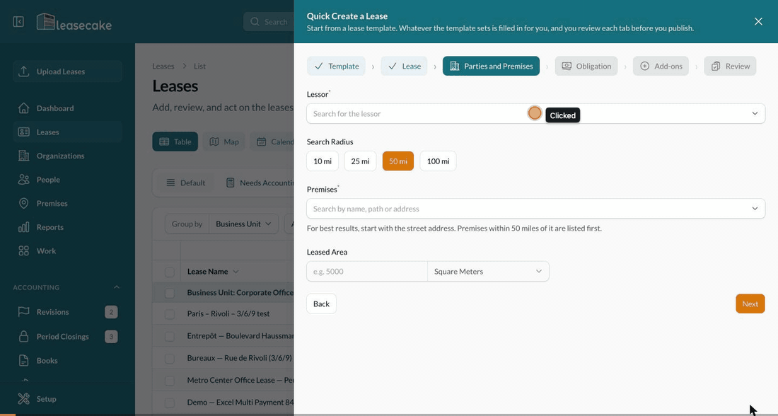 Animation: Quick create from Parties and Premises through Obligation, Add-ons and Review, entering the rent