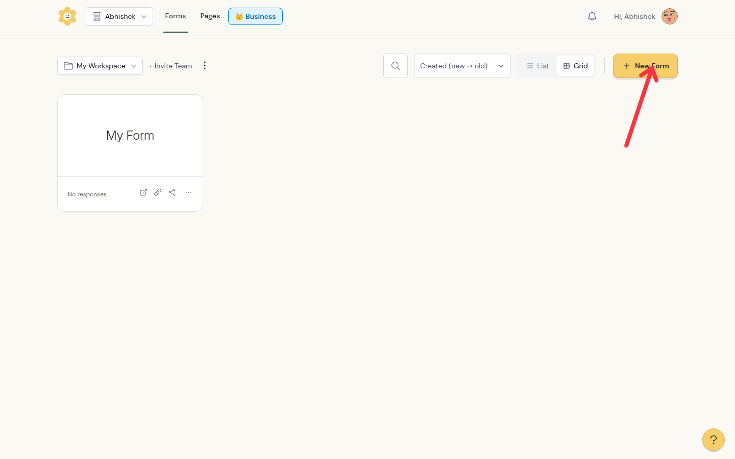 The Forms dashboard with an arrow pointing at the New Form button