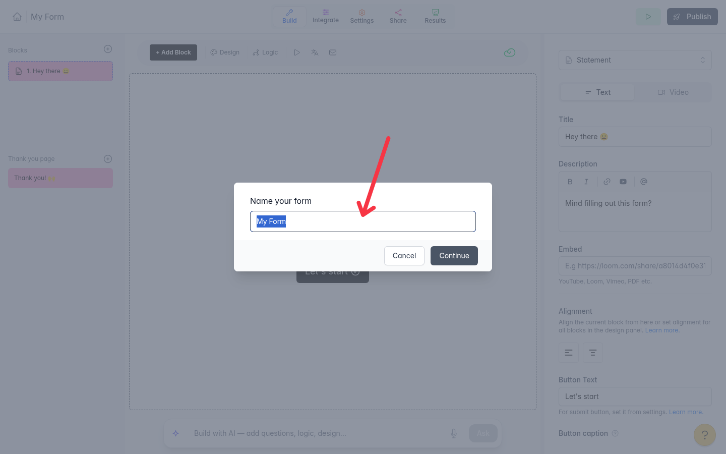 The Name your form dialog with an arrow pointing at the form name field