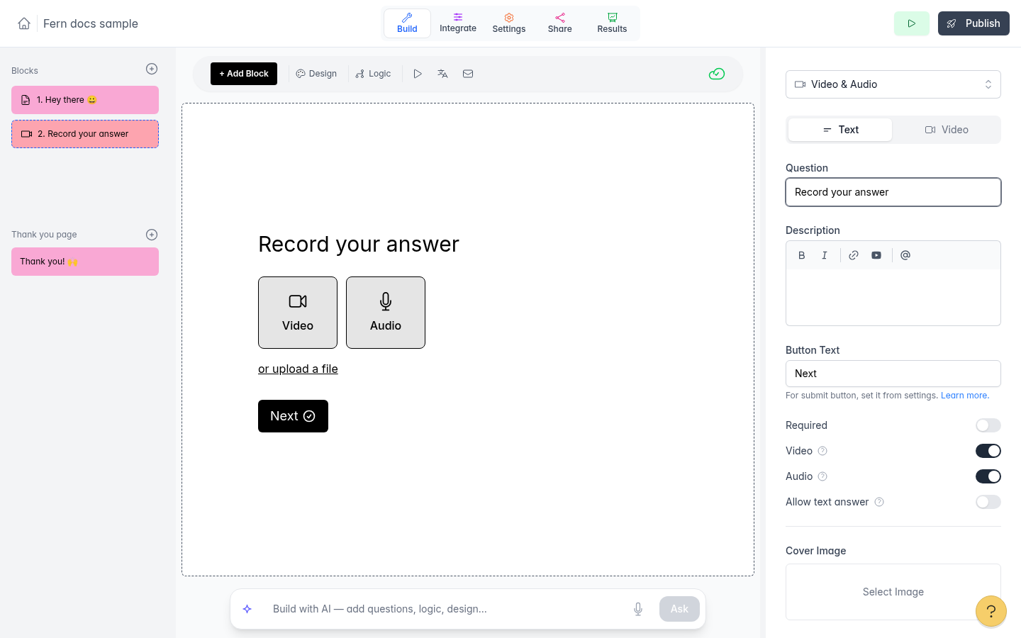 The Video & Audio question in the builder with Question, Description, Button Text, and the Required, Video, Audio, and Allow text answer switches in the right panel