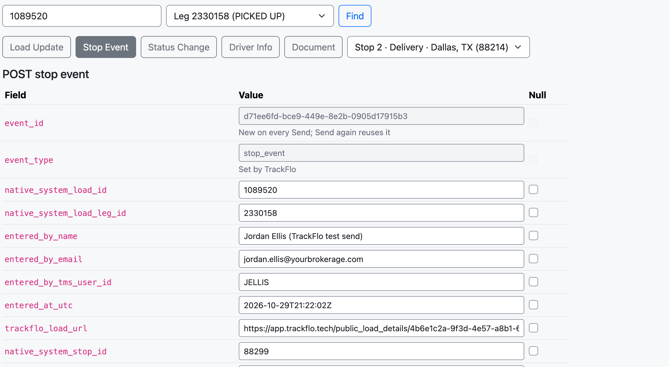 La pestaña 2-Way Integration Updates con un evento de parada listo para enviar: carga 1089520 y su tramo seleccionados, los cinco botones de actualización, la parada de entrega elegida y los valores de cada campo abiertos para editarlos; native_system_stop_id se ha cambiado a 88299 para probar un error 404