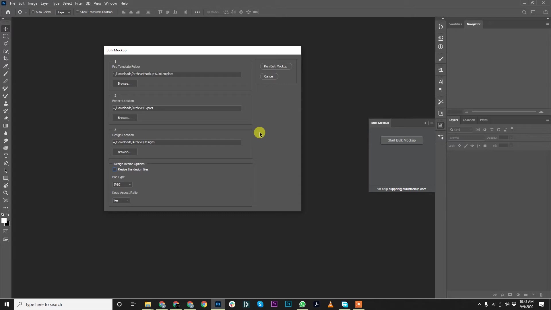 Screenshot of the Bulk Mockup Photoshop plugin interface on Windows, showing fields for PSD Template Folder, Export Location, Design Location, Design Resize Options (with JPEG file type and aspect ratio set to Yes), and Run Bulk Mockup button. Photoshop Layers panel visible in background.