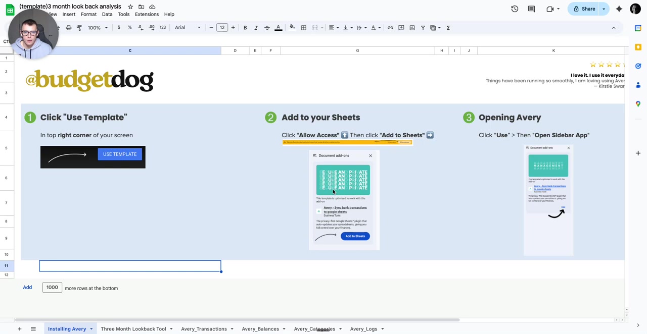 Google Sheet screencast titled '(template) 3 month look back analysis' showing three installation steps for Avery: '1 Click \