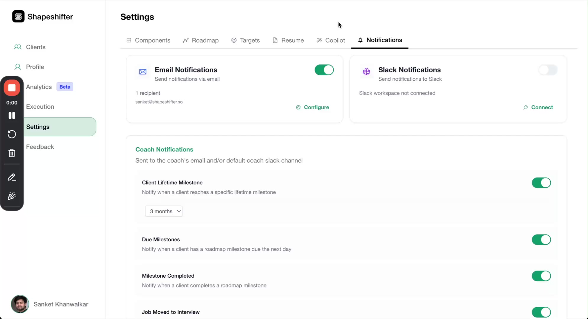 Shapeshifter Settings page with Notifications tab selected, showing Email and Slack notification toggles and Coach Notifications configuration options