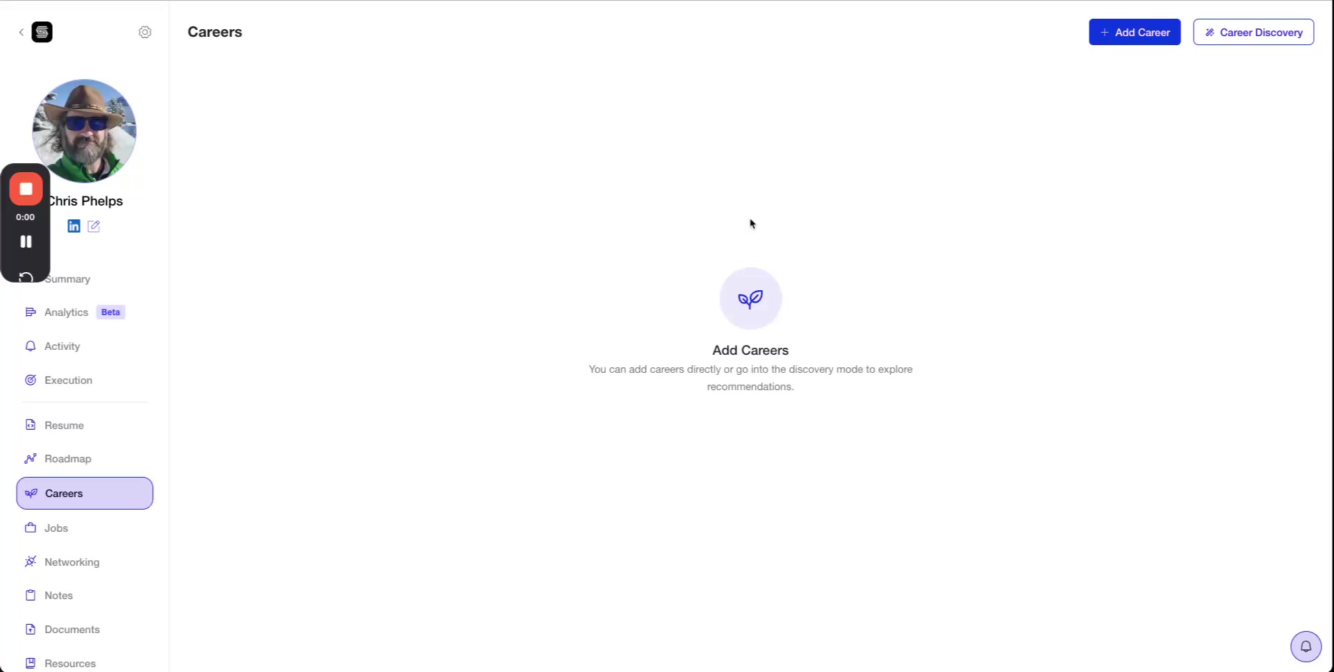 Empty careers page showing Add Career and Career Discovery buttons with an illustration prompting to add careers directly or use discovery mode