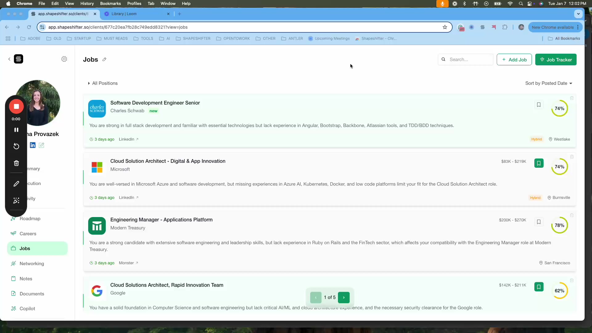 Jobs dashboard showing multiple job listings with compatibility scores and details