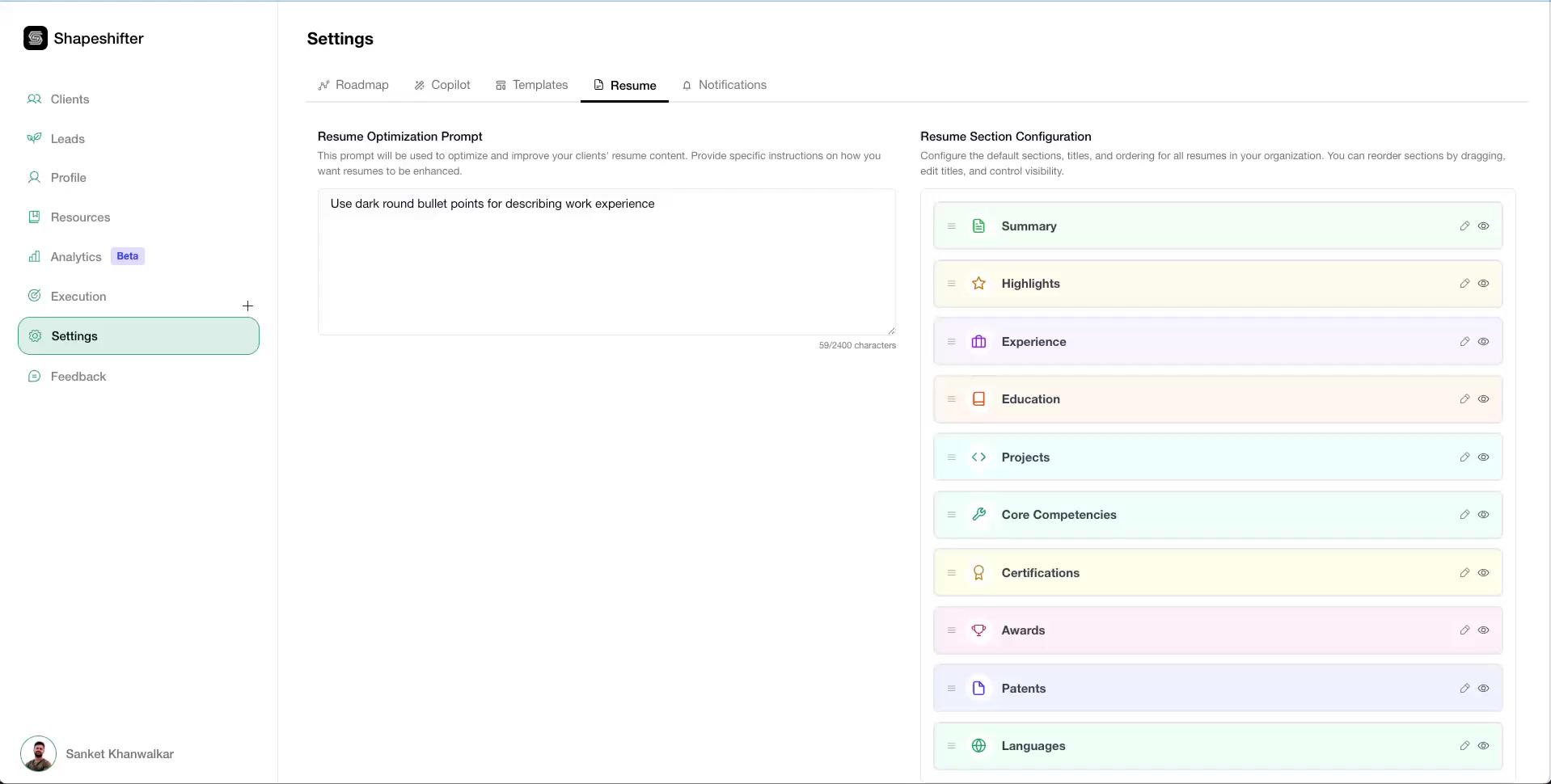 The Resume settings page showing Resume Optimization Prompt text area and Resume Section Configuration list