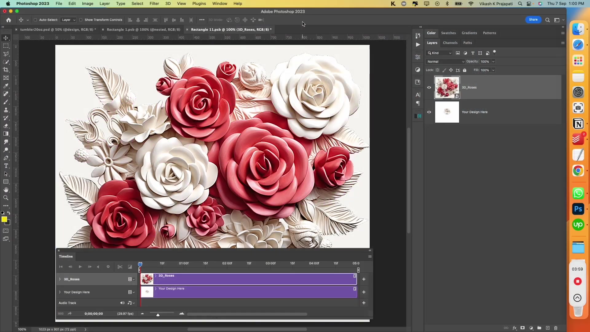 Adobe Photoshop 2023 interface showing a 3D-style red and white roses composition on main canvas; right Layers panel with '3D_Roses' and 'Your Design Here' layers; bottom Timeline panel for video/animation; captures graphic design workflow.