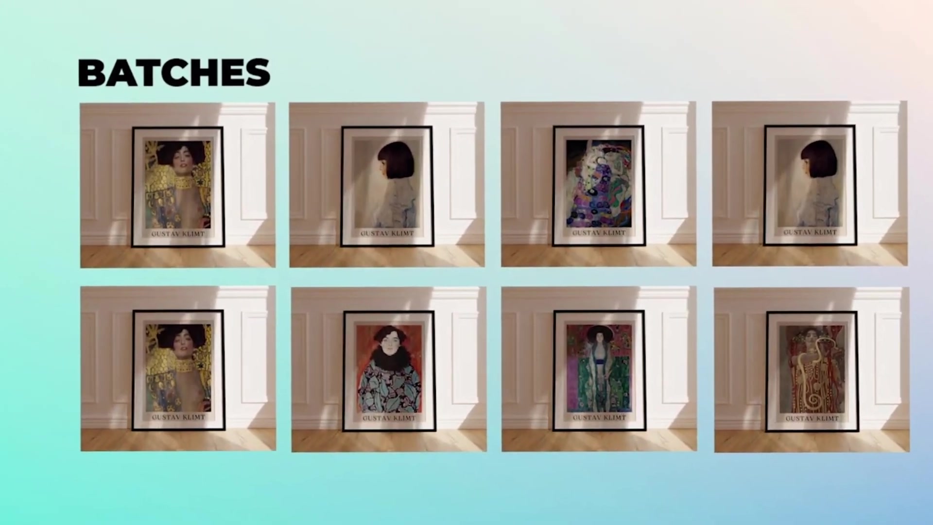 File explorer showing three folders: 'ARTS', 'EXPORTS', and 'TEMPLATES' for organizing mockup project files. A grid of eight framed art prints are displayed on a light-colored wall with white wainscoting, attributed to Gustav Klimt.
