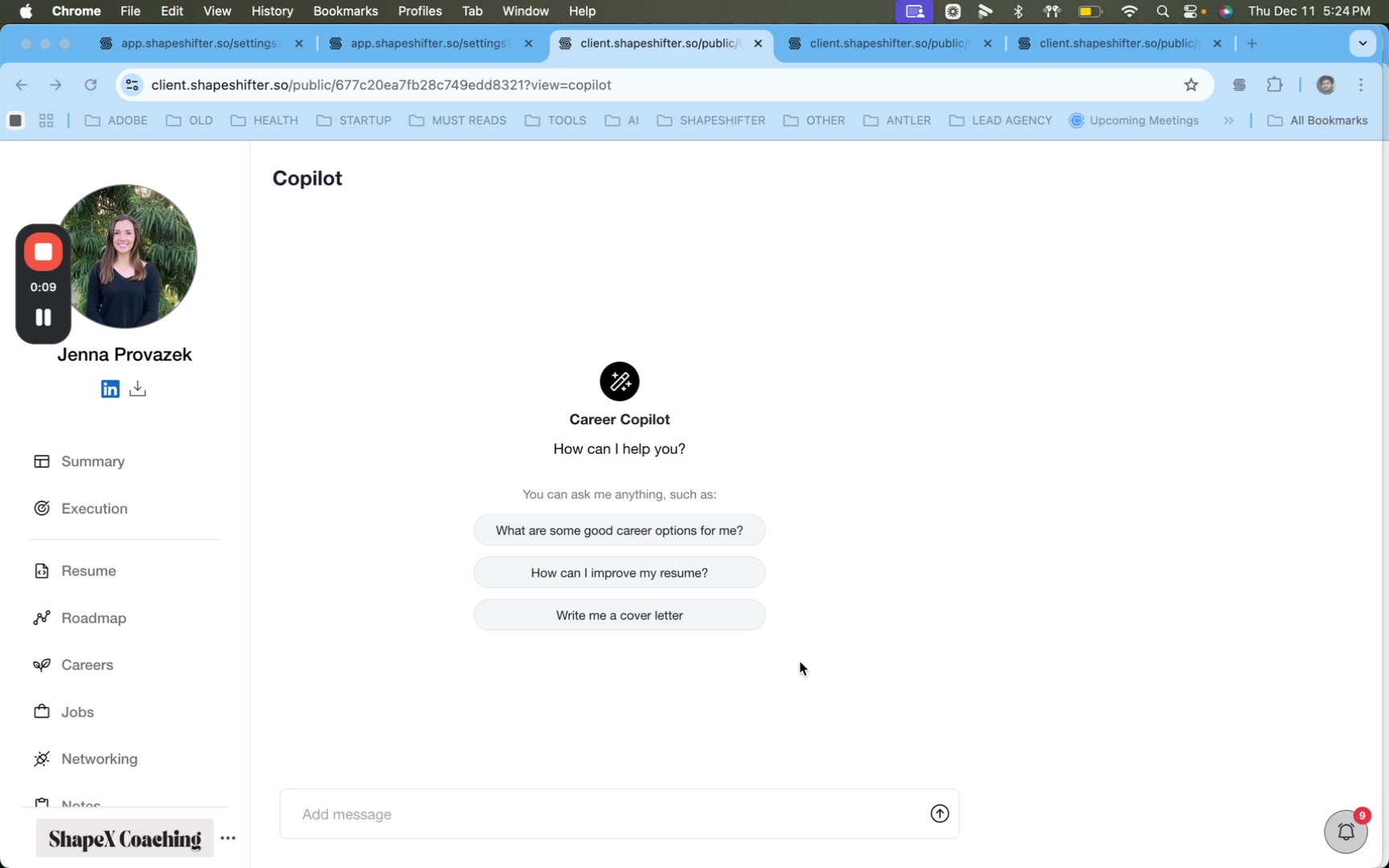 Career Copilot interface showing suggested prompts like 'What are some good career options for me?' and 'How can I improve my resume?'