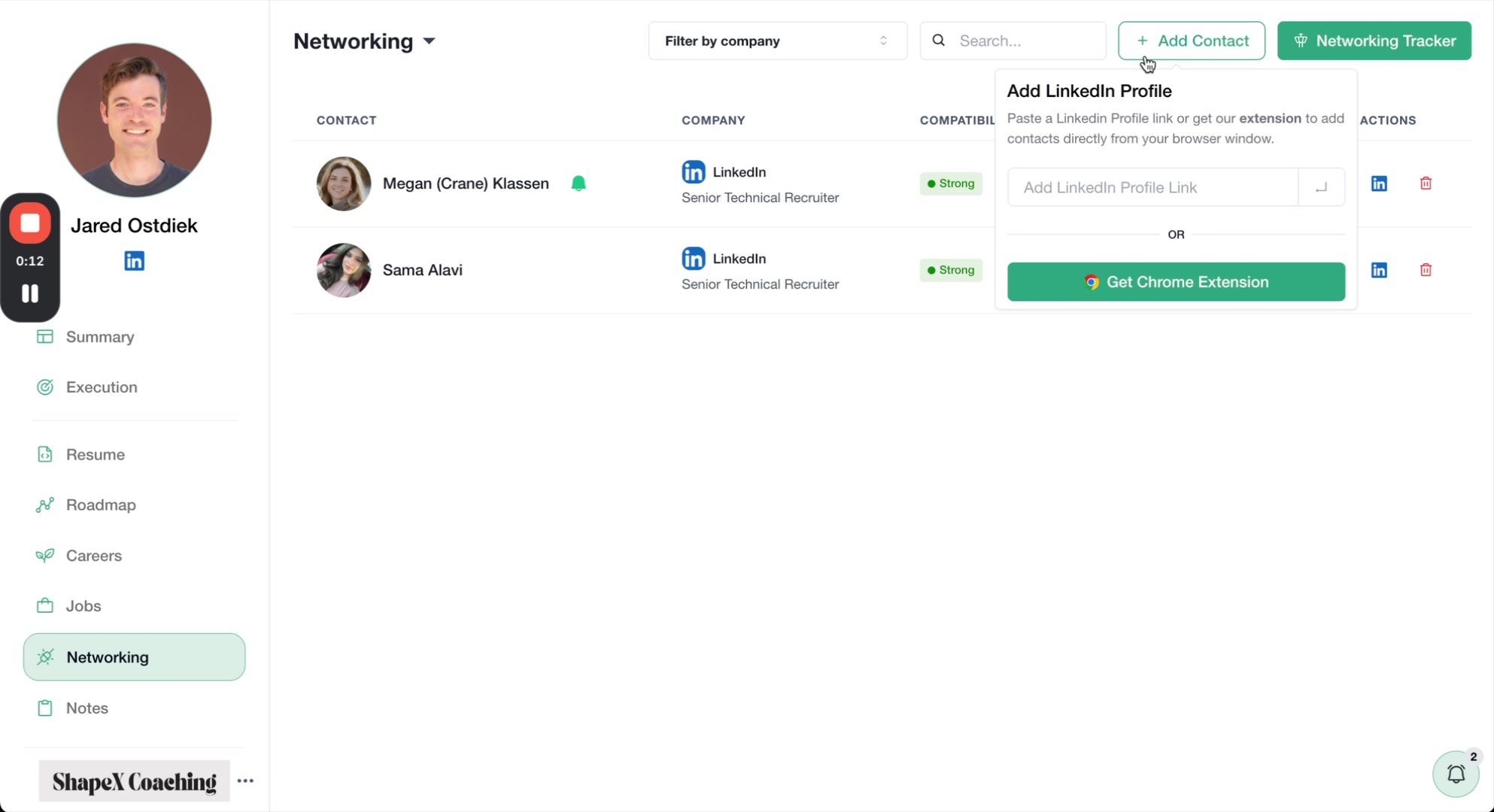 Add LinkedIn Profile modal with URL input field and Get Chrome Extension option