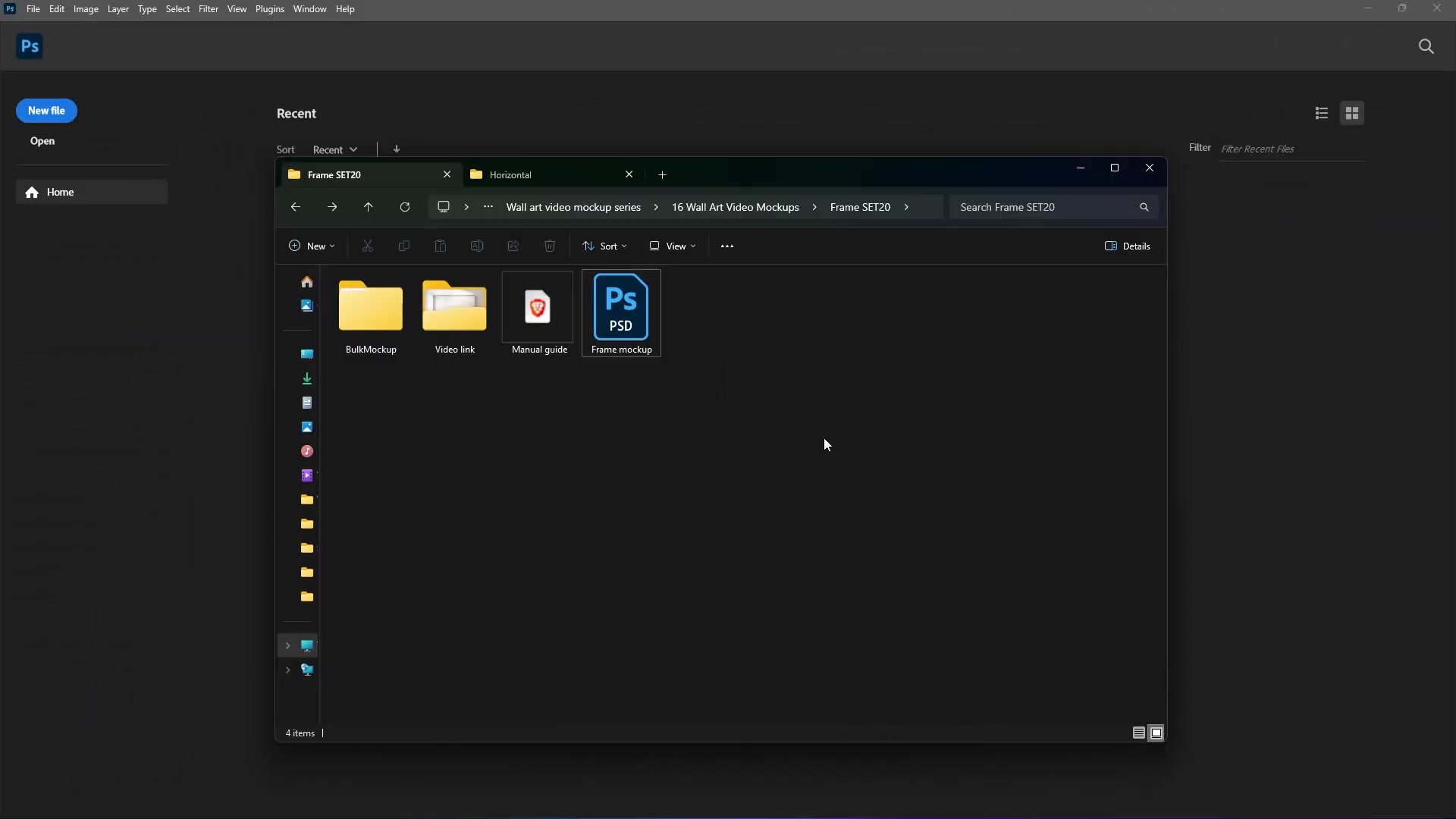 Adobe Photoshop Recent Files interface displaying 'Frame mockup.psd' selected for opening, within a folder structure for wall art video mockups, in dark mode.