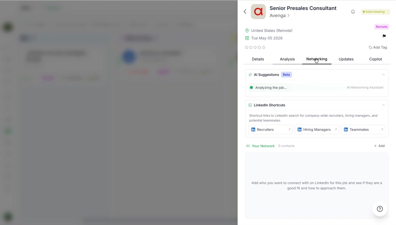Networking tab in job detail showing AI suggestions