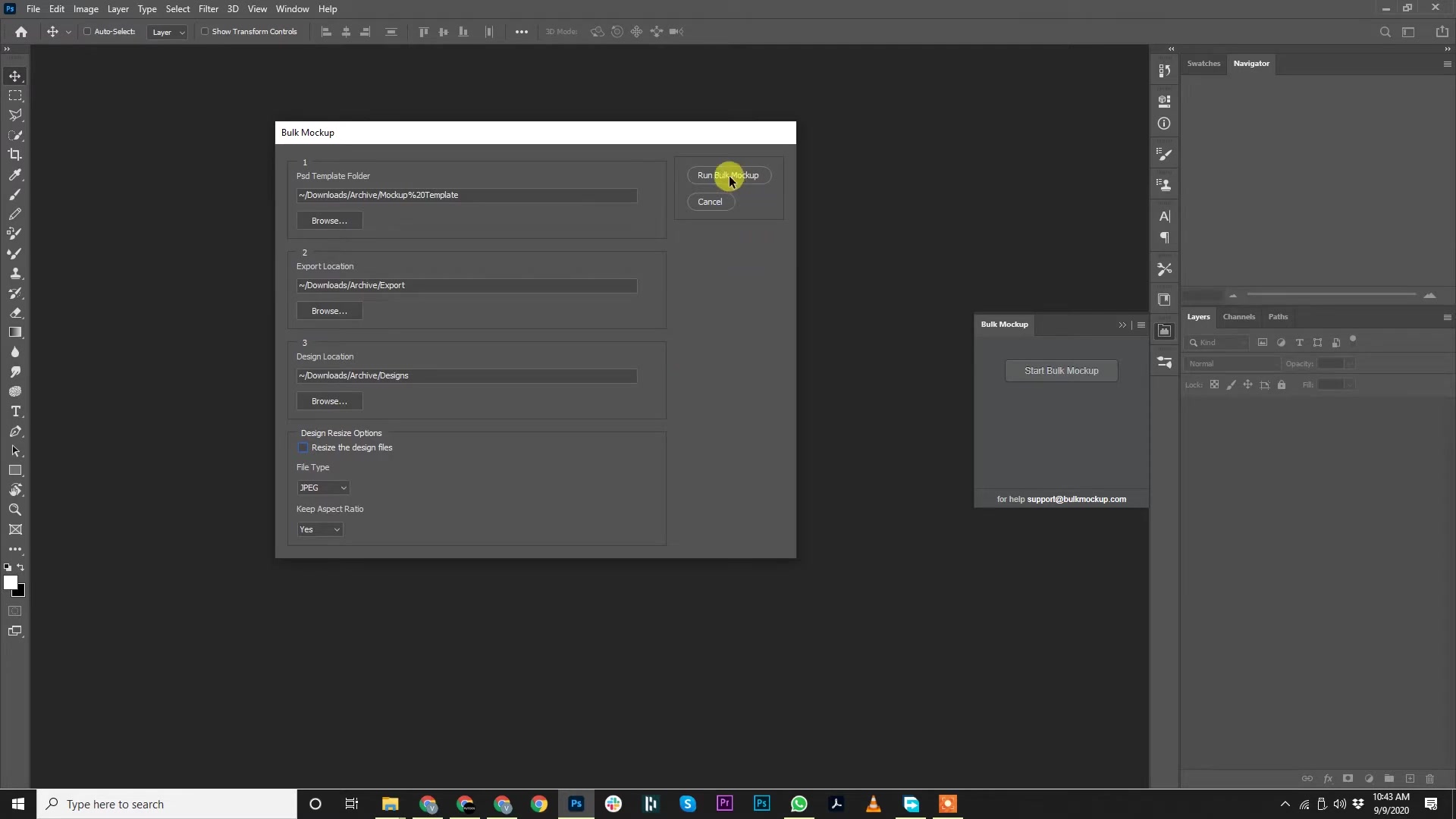 Close-up of Adobe Photoshop error dialog in Bulk Mockup workflow stating 'Could not open '._t-shirt mockup-vacation-edition-v03.psd' because it is not a valid Photoshop document.' Plugin UI partially visible with Run Bulk Mockup button.