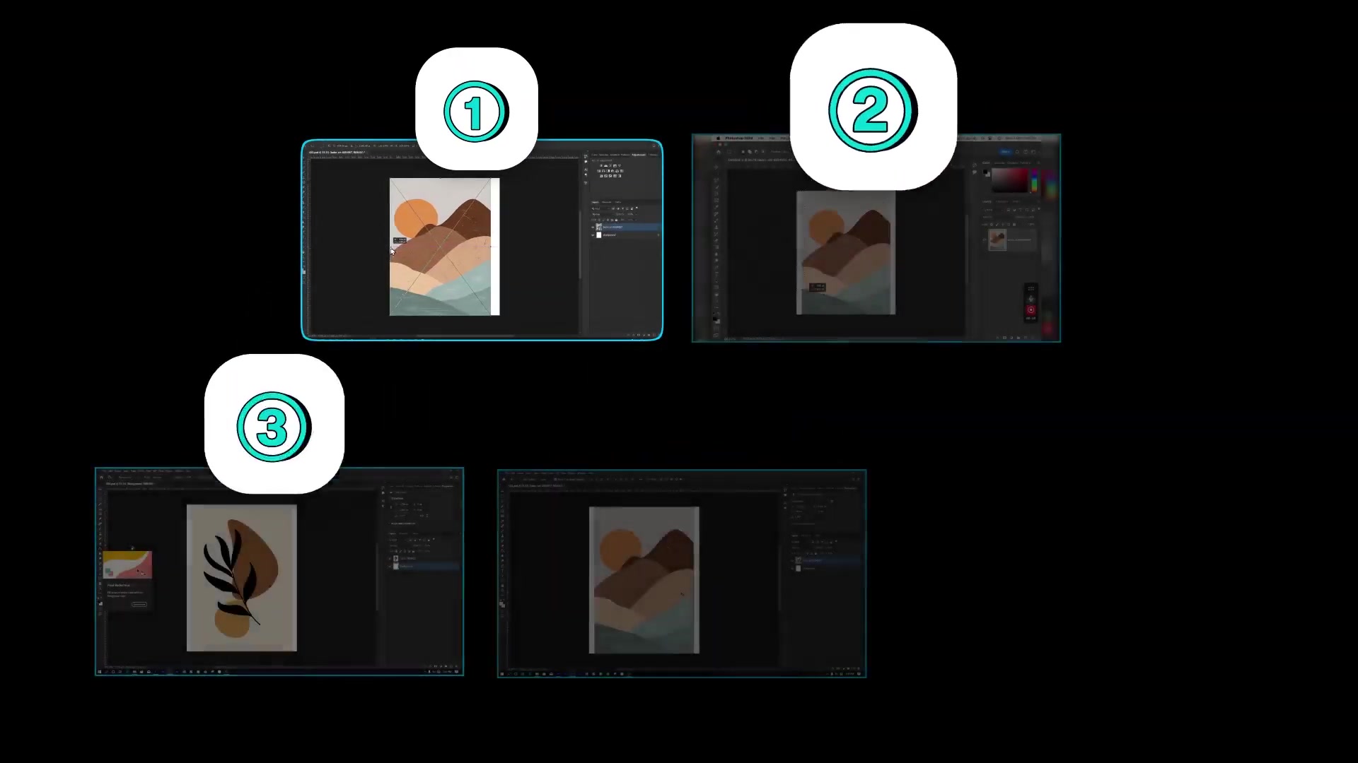 Collage of four Photoshop screenshots demonstrating aspect ratio adjustment methods: top-left (Method 1) shows abstract hills and sun graphic with bounding box for stretching; top-right (Method 2) highlights a selected area on the same design; bottom-left (Method 3) displays a stylized leaf design; bottom-right shows the hills design post-editing with adjusted sun element. Numbered overlays (1-4) in white circles on turquoise borders indicate progression through methods.