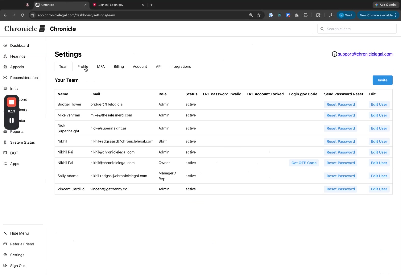 Chronicle Settings Profile page with AARPS sub-tab highlighted