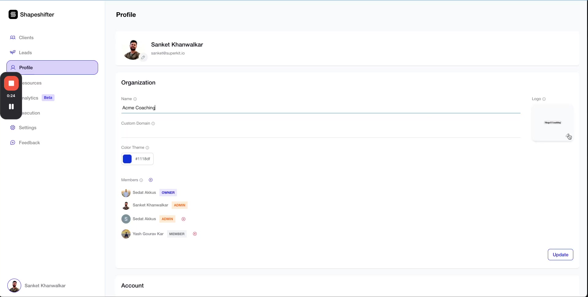 Organization settings showing the logo upload area with a custom logo