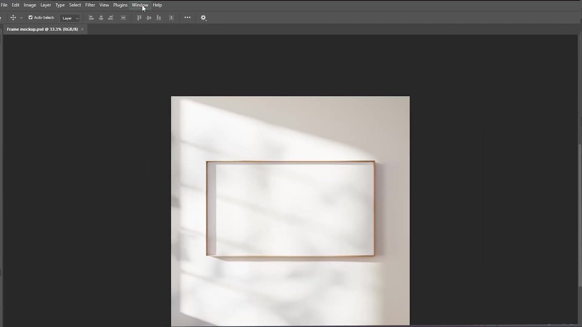 Adobe Photoshop Window dropdown menu open with 'Timeline' highlighted for enabling the panel, next to the open 'Frame mockup.psd' canvas showing a blank framed picture on a wall.