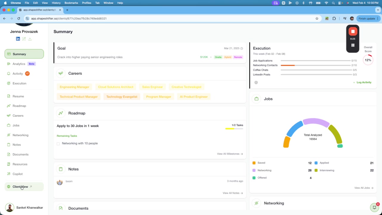Client View modal showing the generated link and passcode