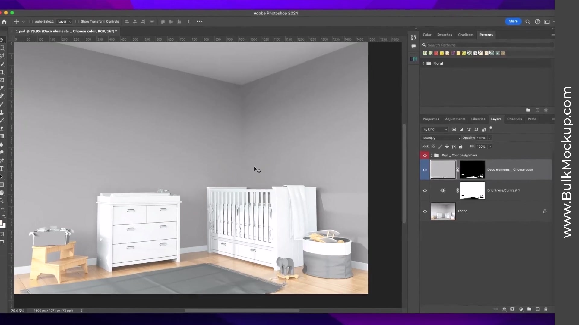 Adobe Photoshop Layers panel showing the nested group 'Wall_ Your design here' expanded to reveal two interlinked smart object layers named 'Your design here', within a kid's room mockup template. Panels for Color, Swatches, Gradients, Patterns, Properties, Adjustments, Libraries, Layers, Channels, and Paths are visible on the right.