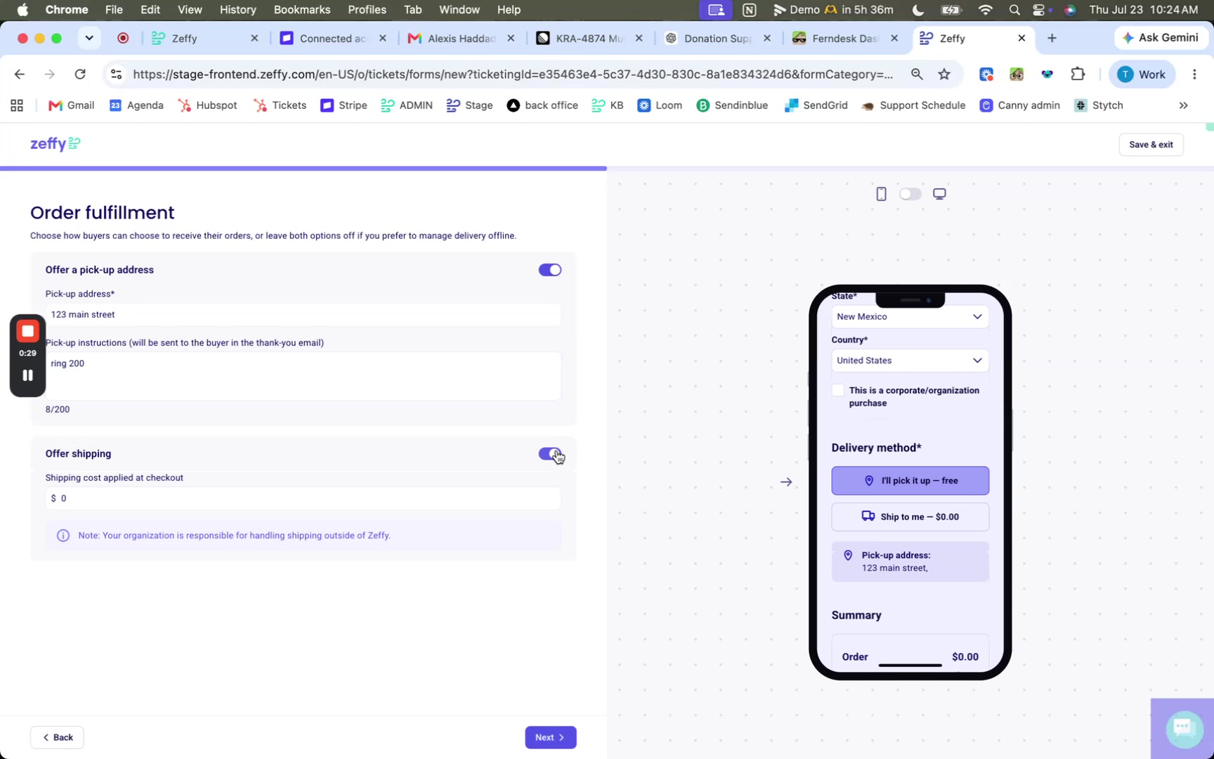 Shipping enabled with shipping cost field and delivery methods in the preview