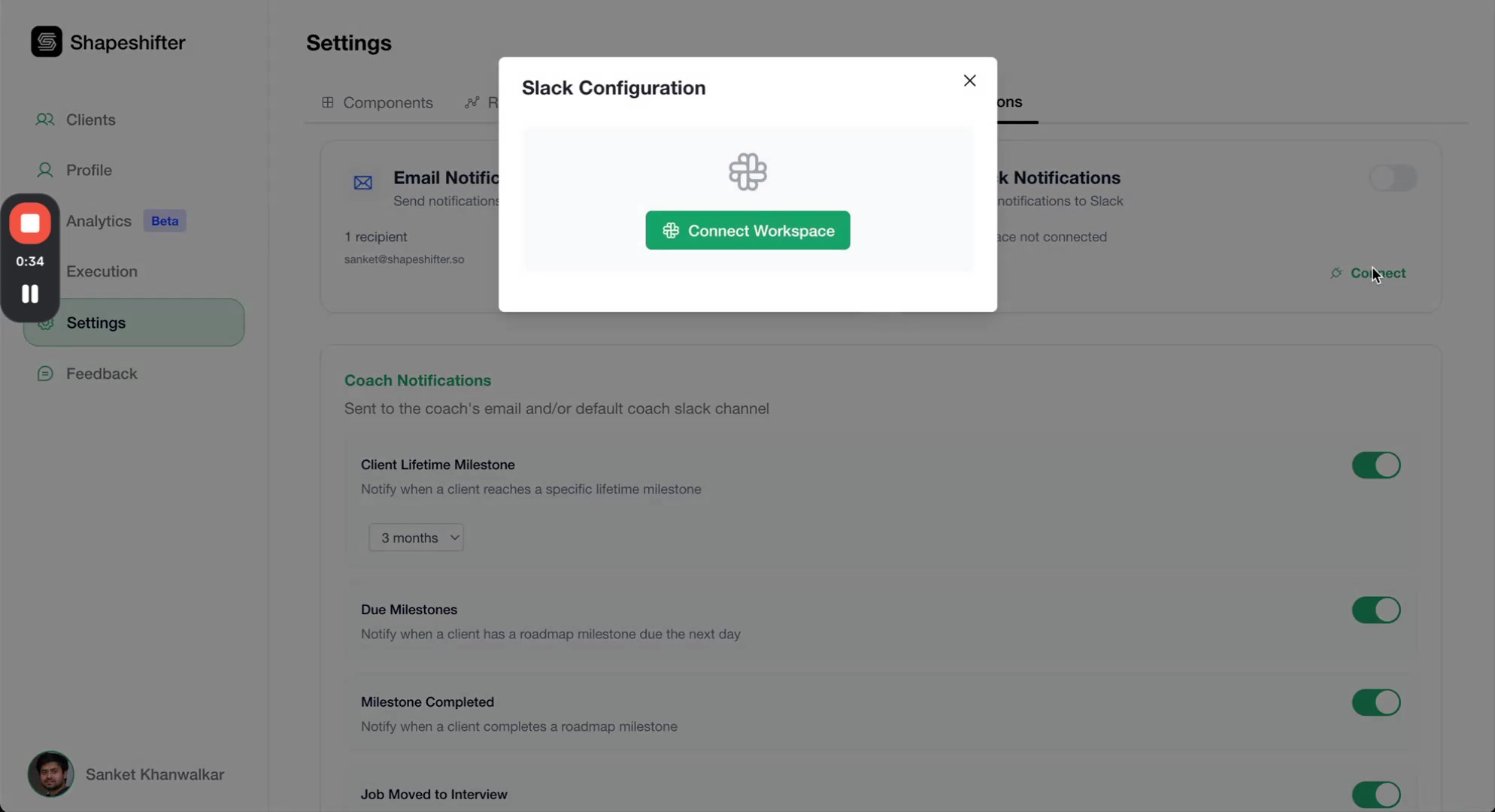 Slack Configuration modal window with Slack icon and Connect Workspace button