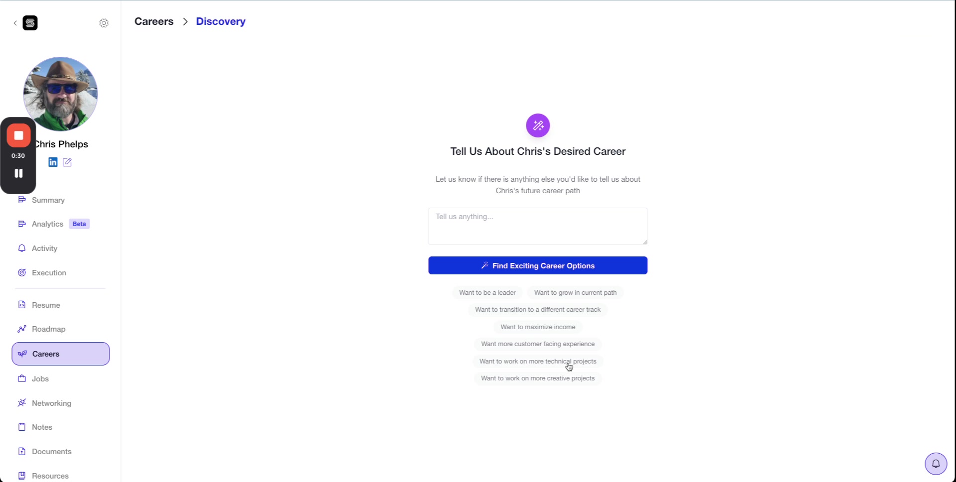 Career Discovery input screen with text field and suggestion chips like 'Want to grow in current path' and 'Want to be a leader'