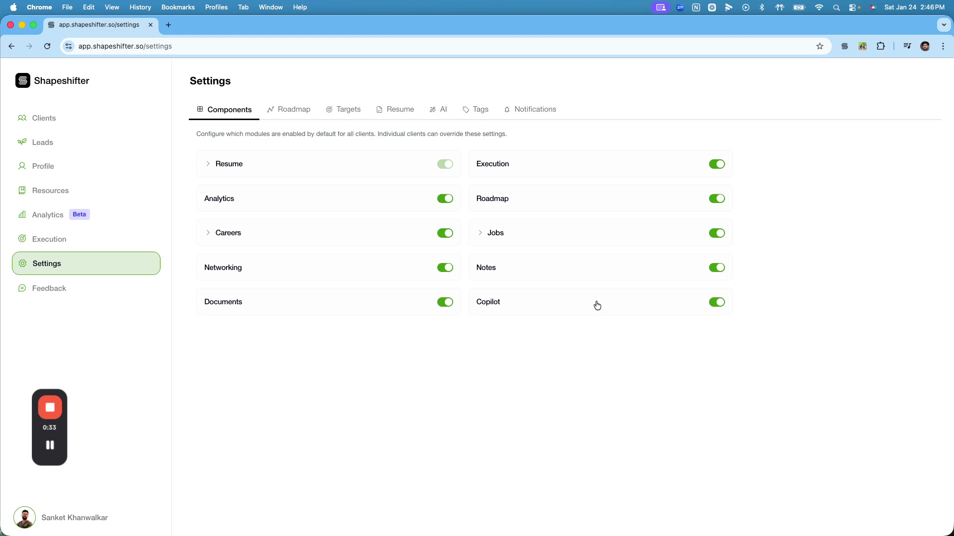 Shapeshifter Settings Components tab with toggles; Copilot toggle in off position among Resume, Analytics, Careers, etc.