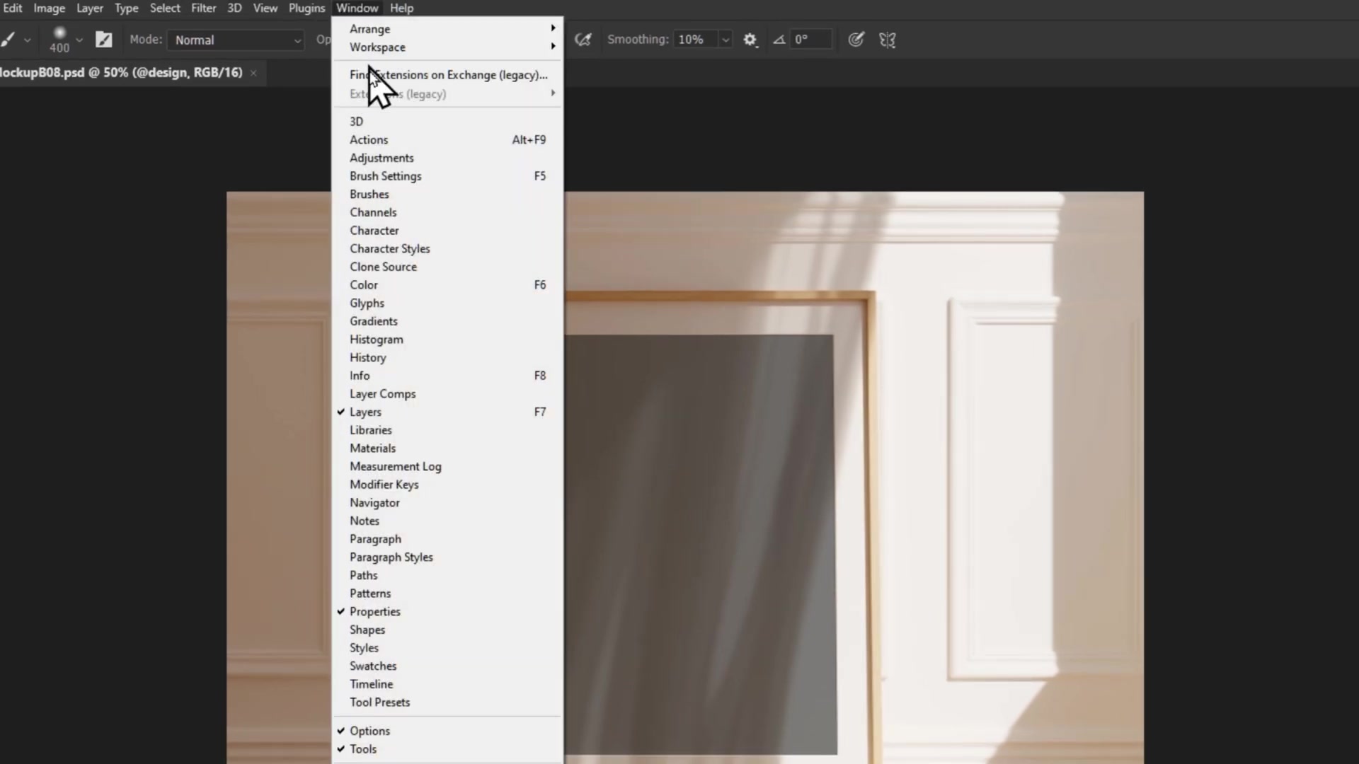 Cropped screenshot of Adobe Photoshop menu bar with 'Window' dropdown open, 'Timeline' highlighted and selected to enable the Timeline panel. File 'MockupB08.psd' at 50% zoom.