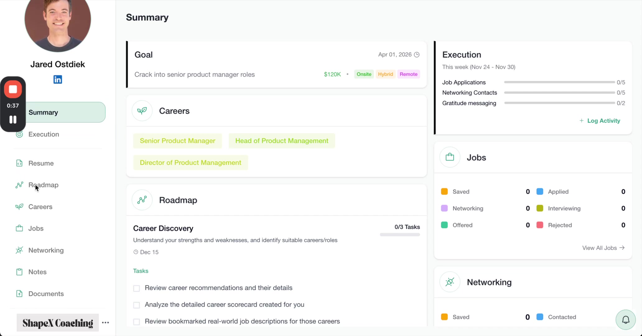 Dashboard showing Roadmap navigation link highlighted in the left sidebar