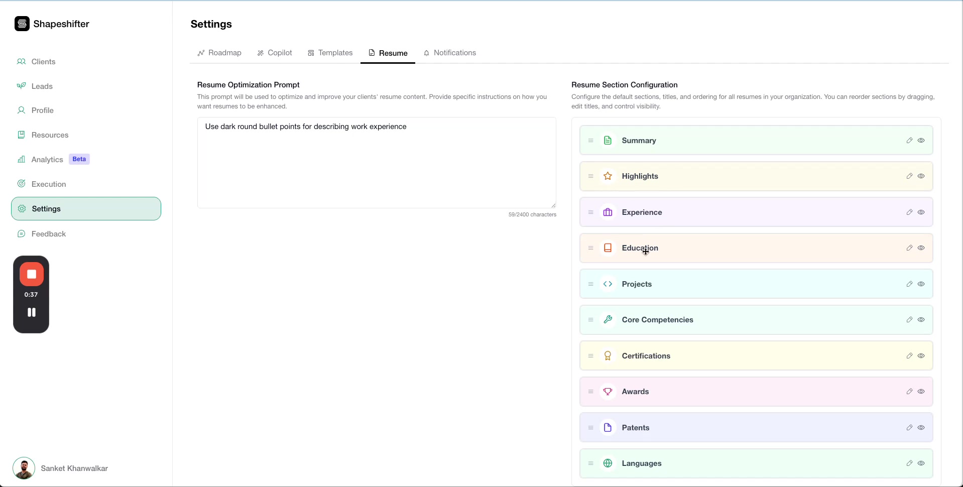 Resume Section Configuration showing draggable sections like Summary, Highlights, Experience, Education, Projects, Core Competencies, Certifications, Awards, Patents, Languages