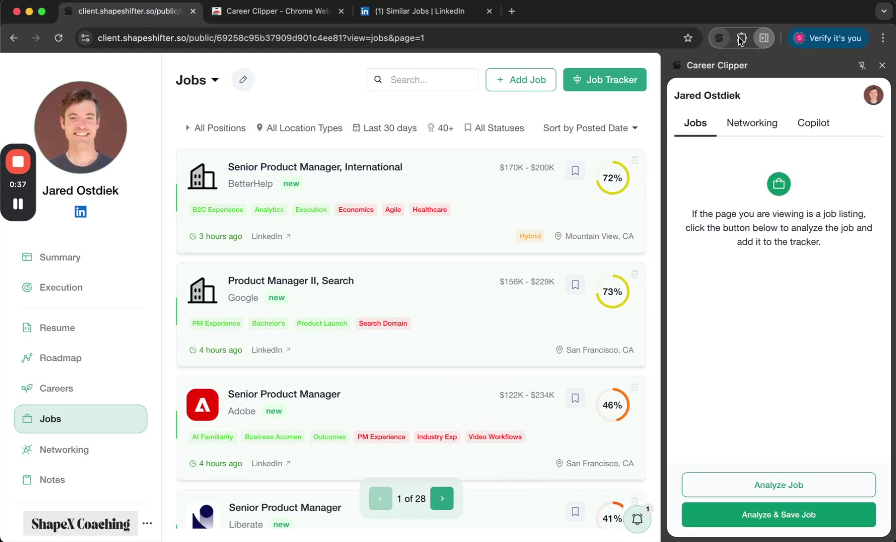Career Clipper extension panel showing Jobs, Networking, and Copilot tabs