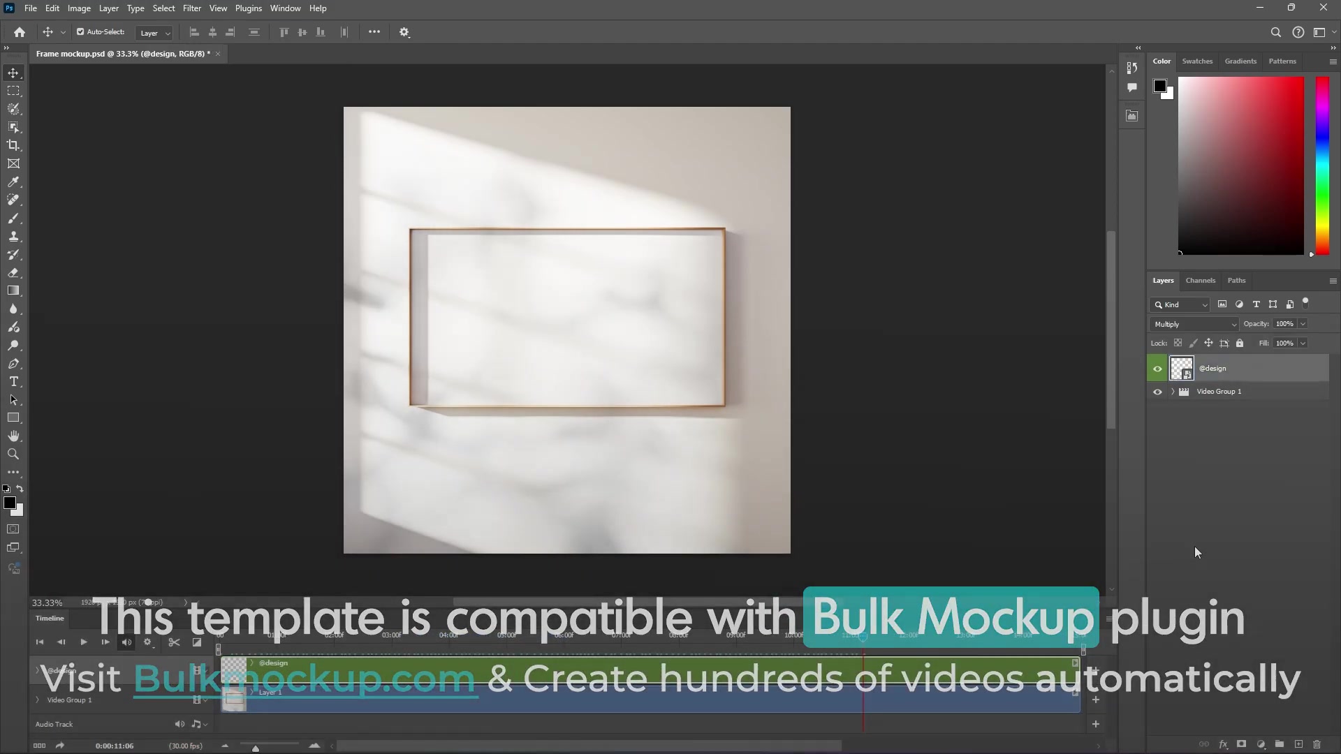 Adobe Photoshop Layers panel highlighting the '@design' smart object layer, with Timeline at bottom and canvas showing blank frame mockup on wall with plugin promo overlay.