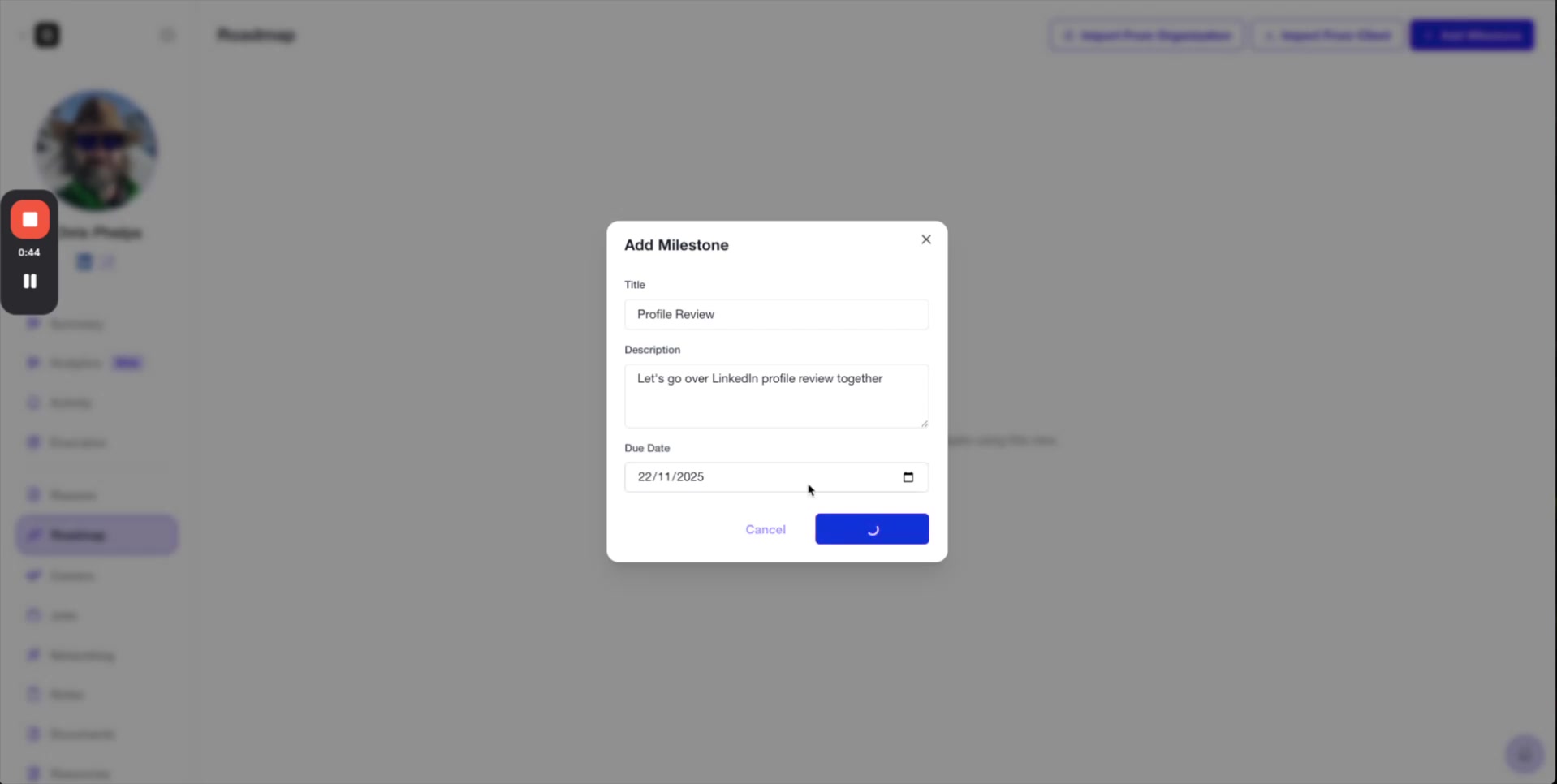 Add Milestone modal showing Title, Description, and Due Date fields