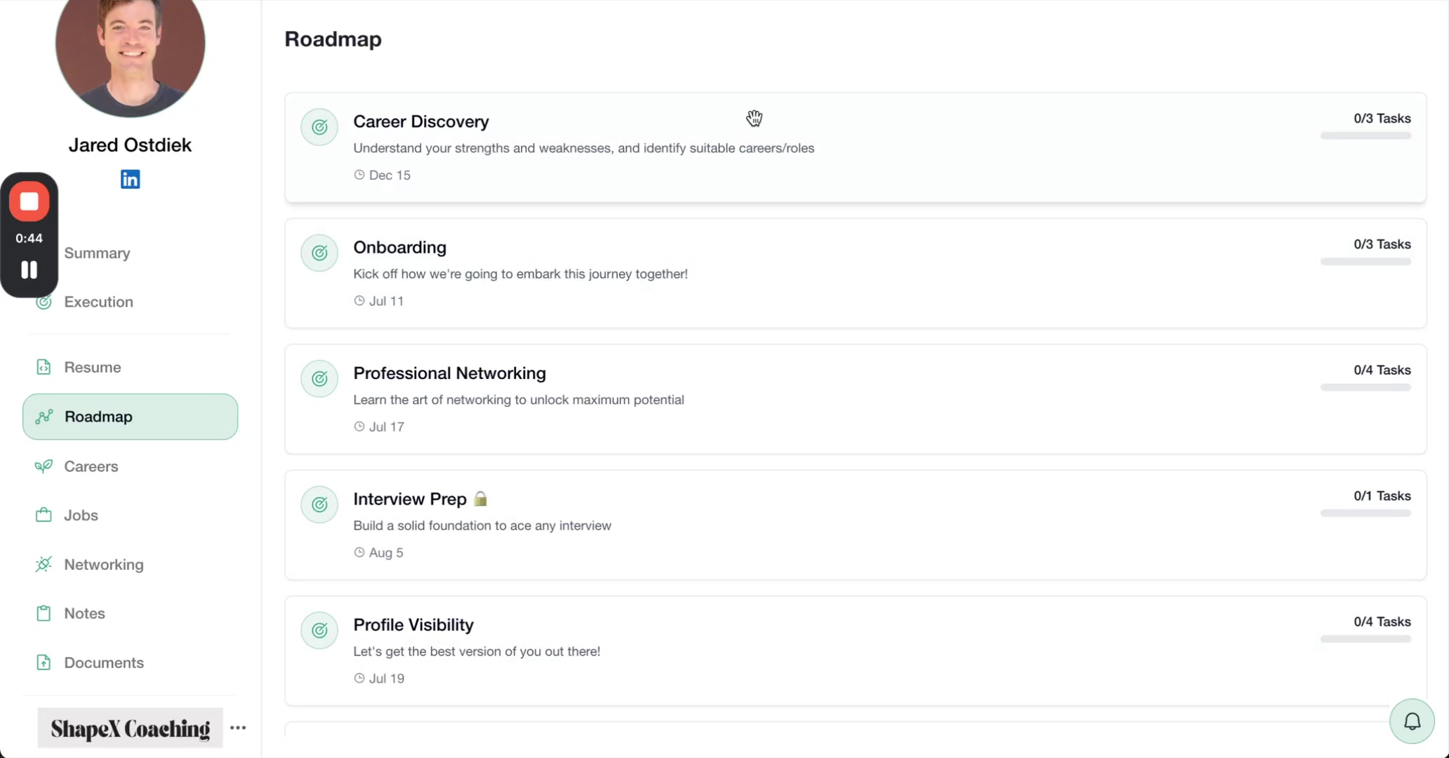 Roadmap view showing multiple milestones with task counts and due dates