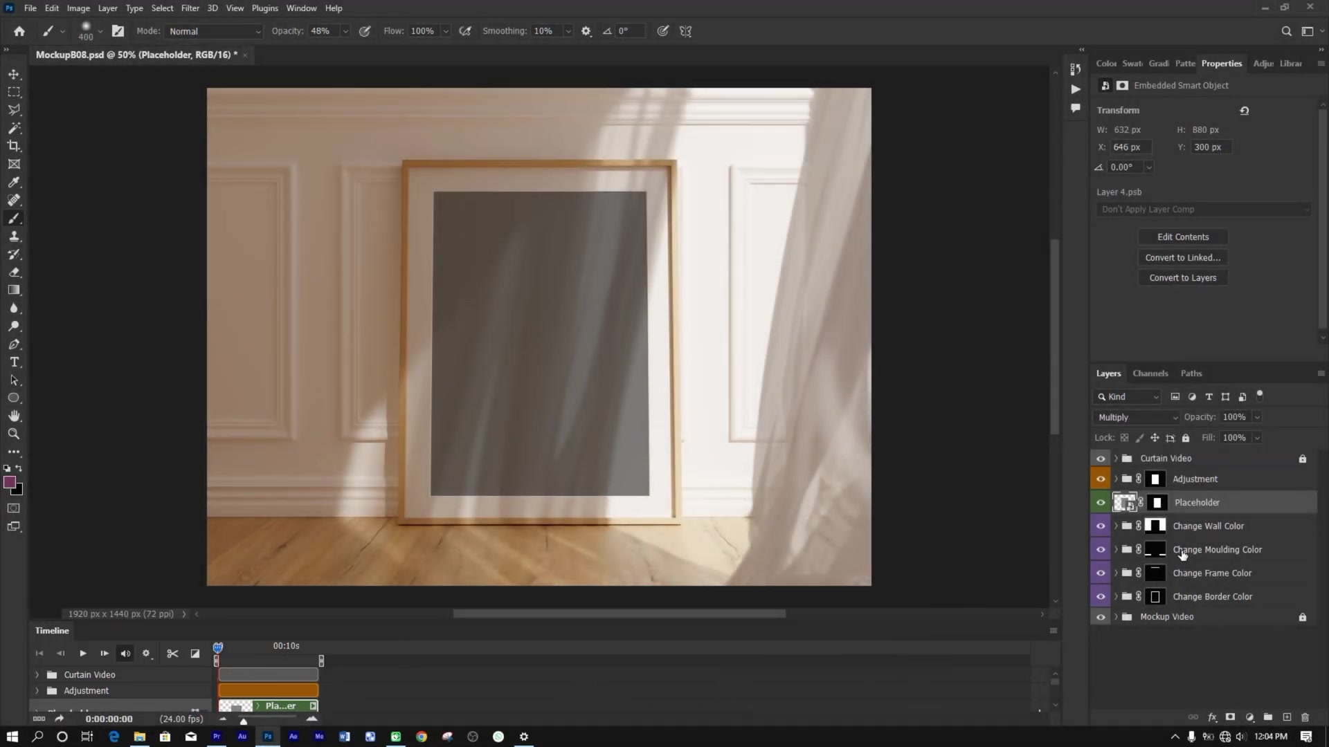 Photoshop Layers panel showing 'Placeholder' layer highlighted and being renamed to '@design', with other layers like 'Change Wall Color' visible. Timeline panel partially shown at bottom; mockup canvas displays framed artwork.