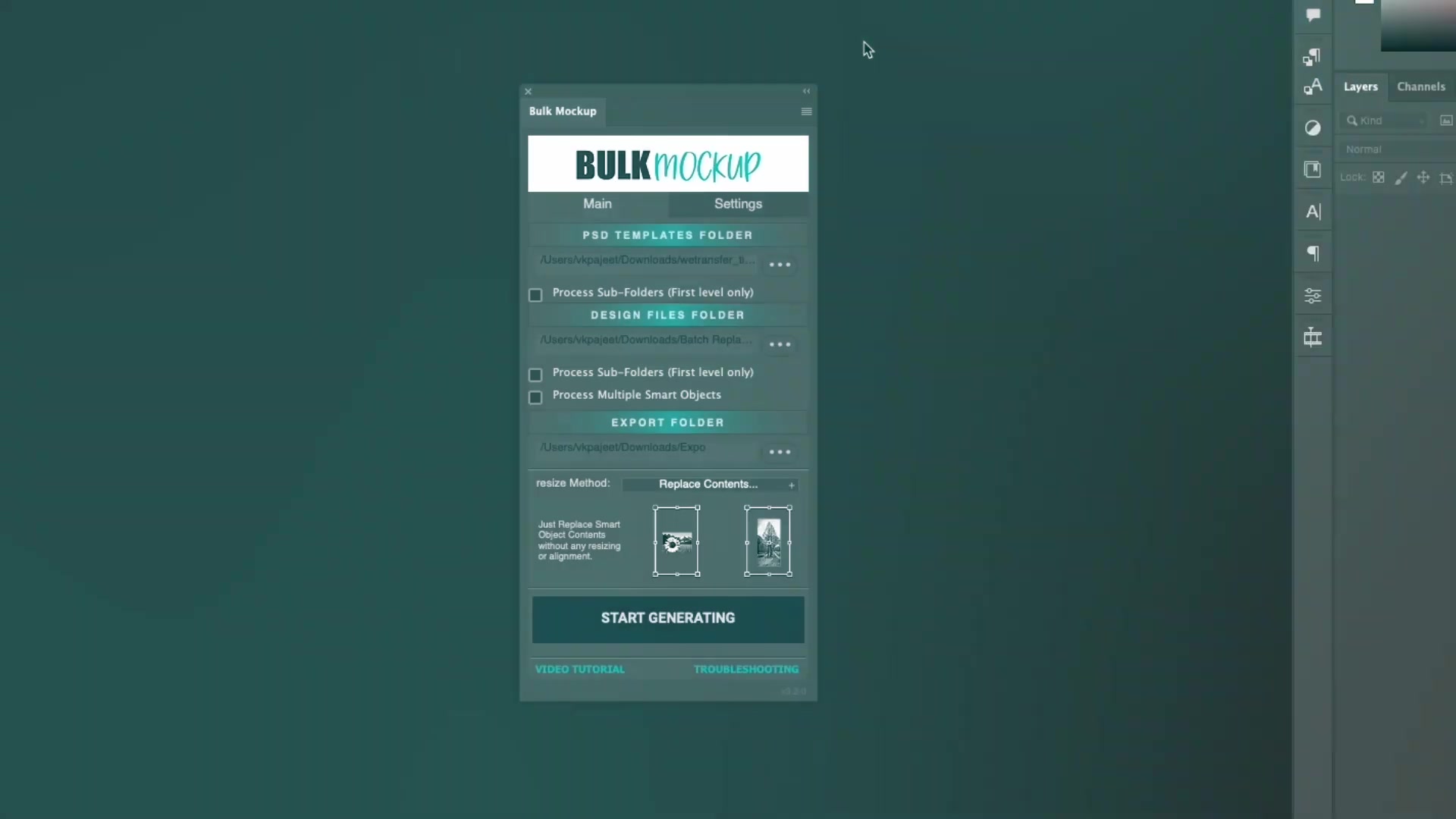 The 'Bulk Mockup' Photoshop plugin interface is shown, highlighting the 'PSD Templates Folder', 'Design Files Folder', and 'Export Folder' fields.