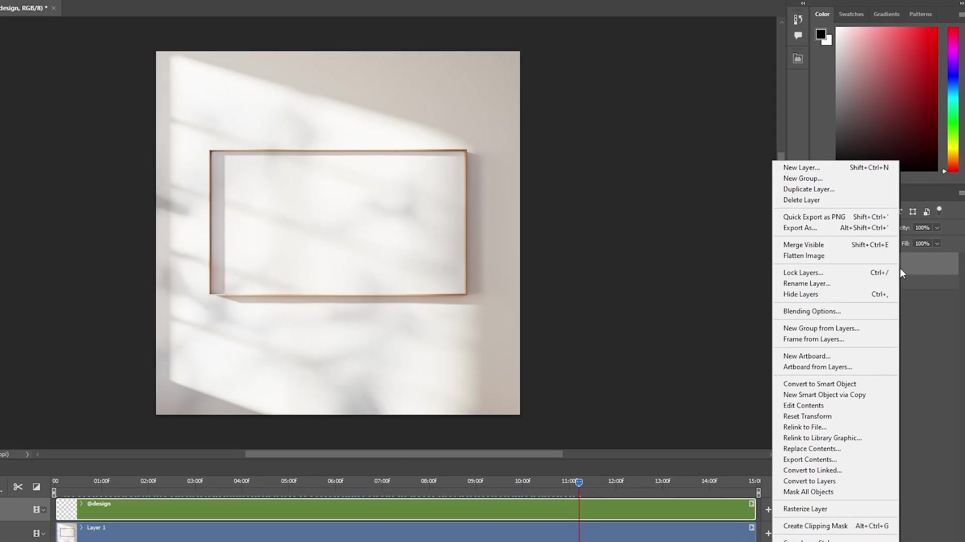 Adobe Photoshop Layers panel context menu open (right-click on smart object) with 'Edit Contents' option available, Timeline visible below frame mockup canvas.