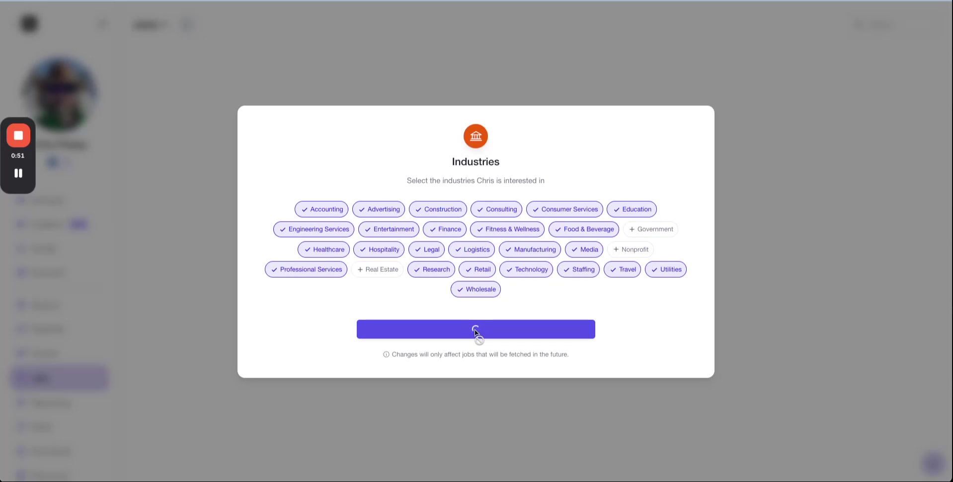 Tags input screen, allowing users to add special tags to filter jobs (e.g., 'crypto' in finance), with an 'Enter tags' text field and a 'Continue' button.