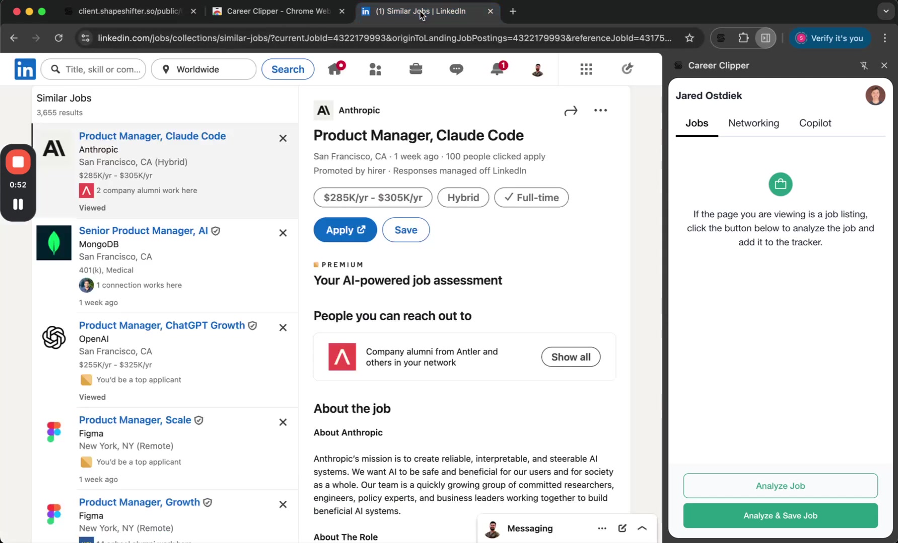 LinkedIn job page with Career Clipper extension showing Analyze Job and Analyze & Save Job buttons
