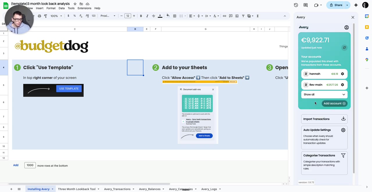 Avery sidebar in Google Sheets with 'Import Transactions' open, 'Last 3 months' selected in dropdown, date fields, and 'Import' button; adjacent sheet shows setup instructions.