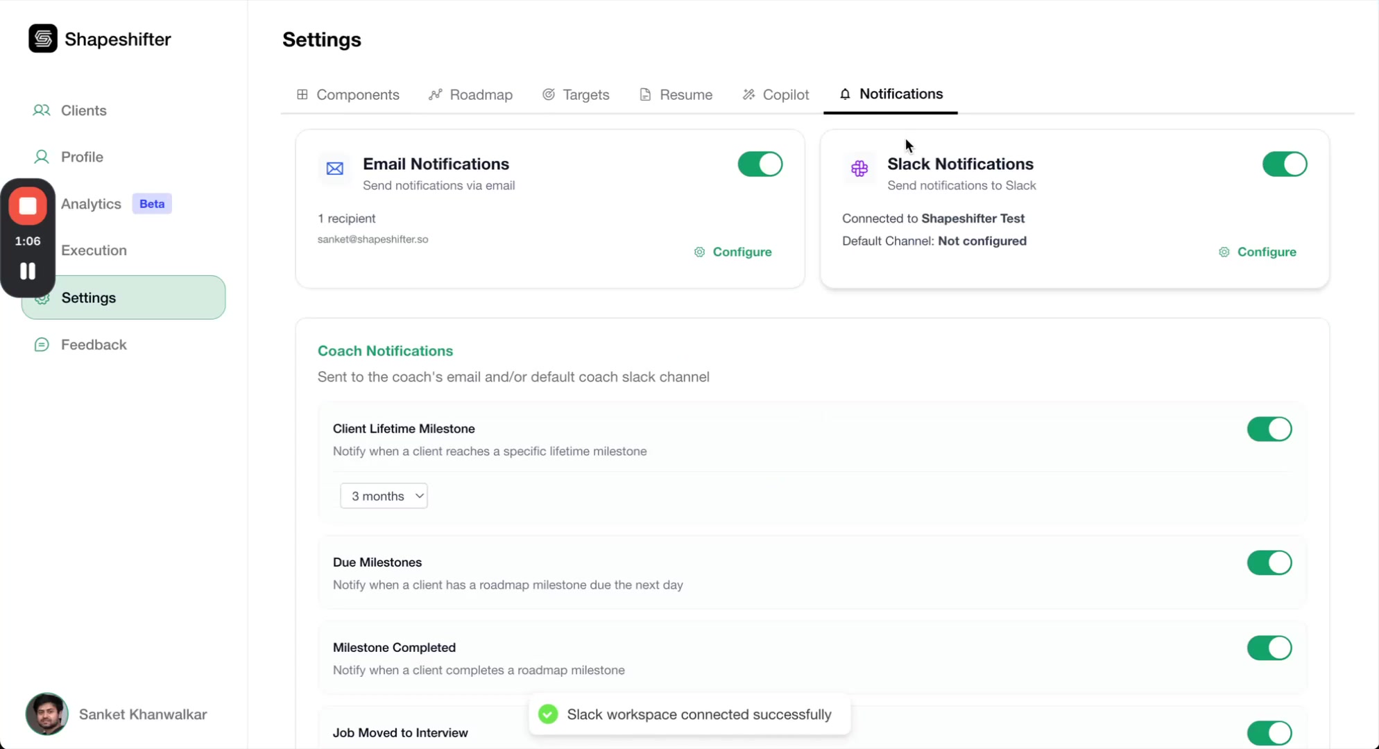 Notifications settings page showing Slack Notifications connected to workspace but with Default Channel not configured