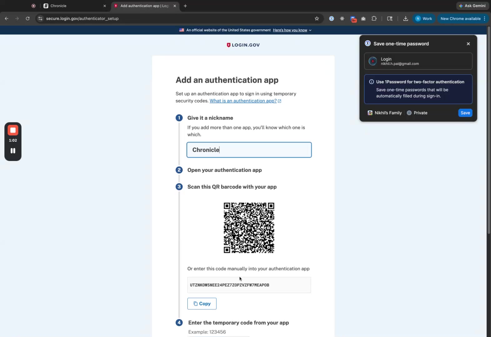 Copy button clicked next to the secret key