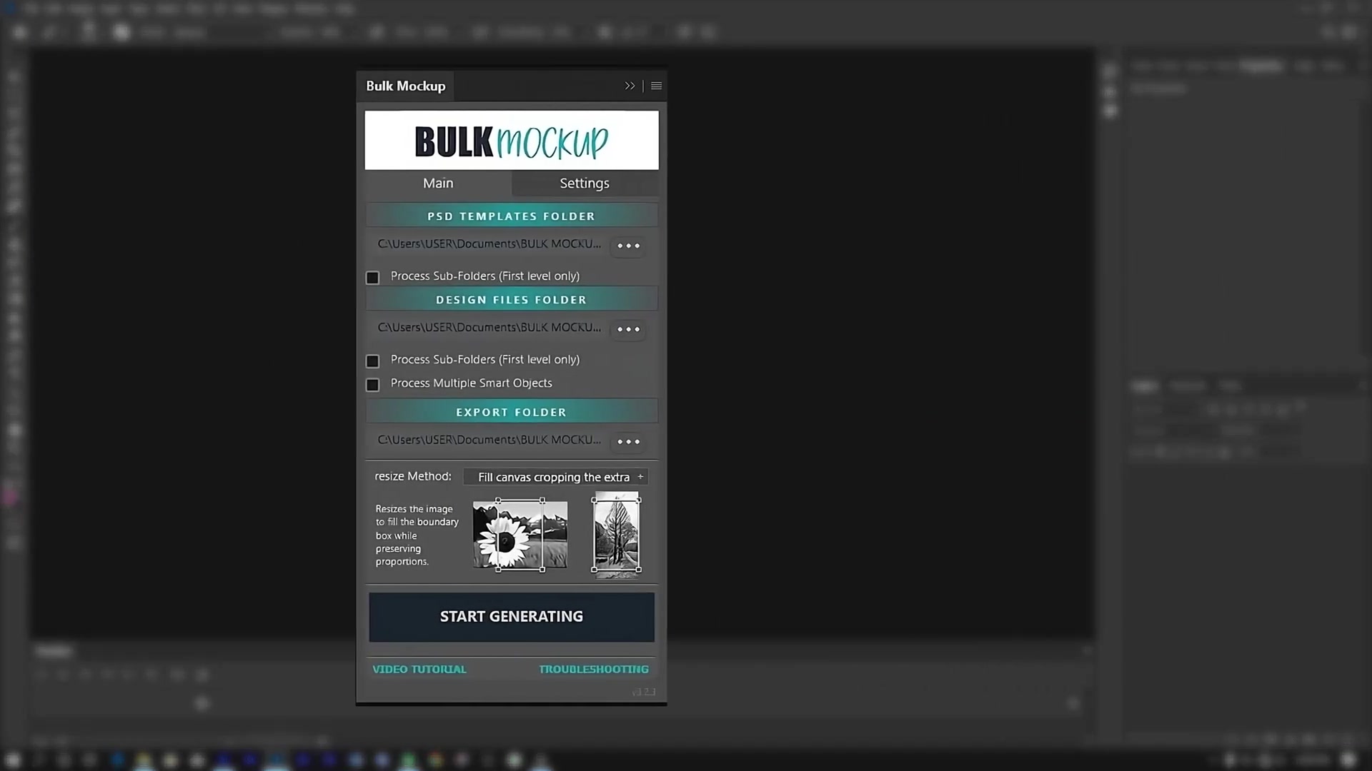 Bulk Mockup Photoshop plugin main interface with tabs ('Main', 'Settings'), input fields for PSD Templates Folder, Design Files Folder, Export Folder, resize options, and 'START GENERATING' button.