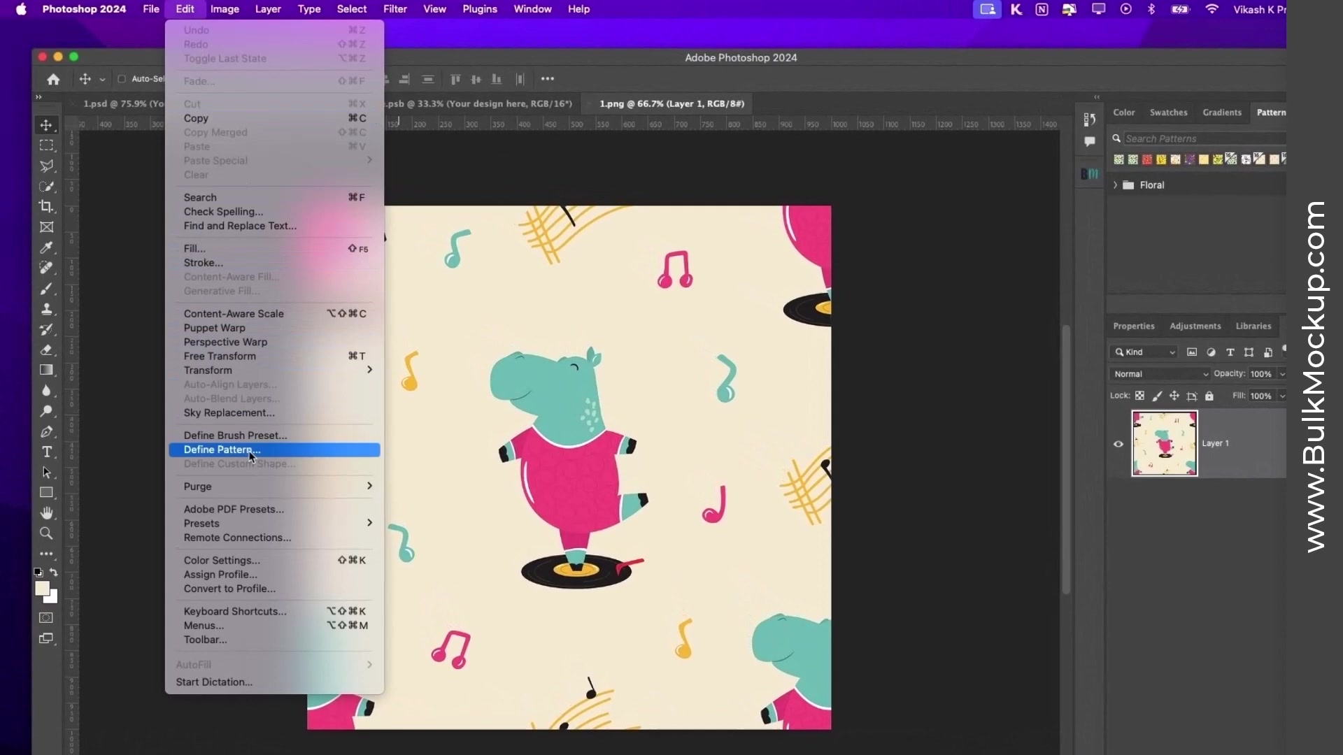 Adobe Photoshop 'Pattern Name' dialog box for defining a new pattern (e.g., hippo design), with the Edit > Define Pattern menu open. The canvas shows a colorful hippo wallpaper pattern; Patterns and Layers panels are visible.