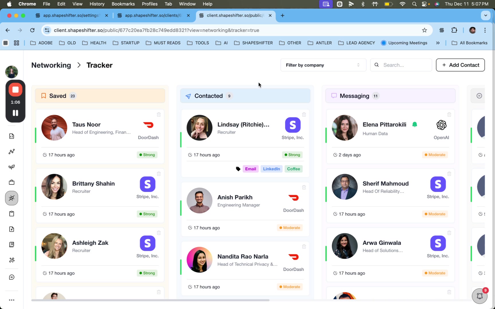 Tracker dashboard in Shapeshifter's Networking section, divided into 'Saved', 'Contacted', and 'Messaging' columns with contact cards showing profile pictures, names, job titles, companies, status indicators, and applied tags visible on some cards.