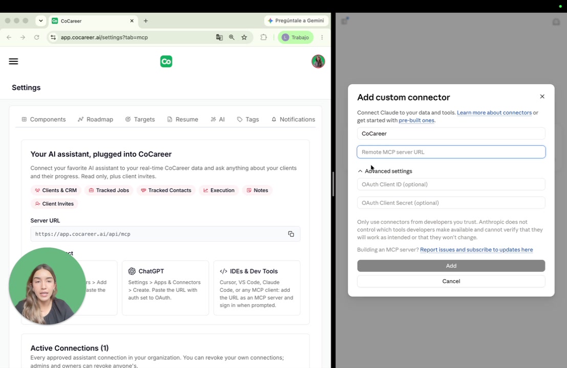 Add custom connector dialog in Claude with the CoCareer MCP server URL pasted in