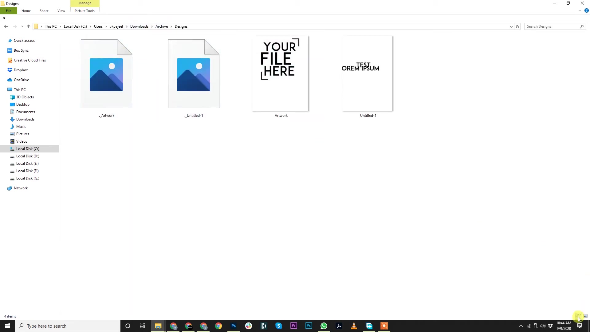 Windows Explorer view of 'Designs' folder containing four image files (PNG/JPG), including two 4KB temporary files starting with dot (._Artwork, ._Untitled-1). Navigation pane shows path to Downloads > Archive > Designs.