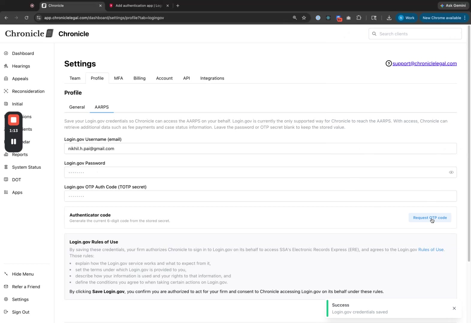 Request OTP code button clicked