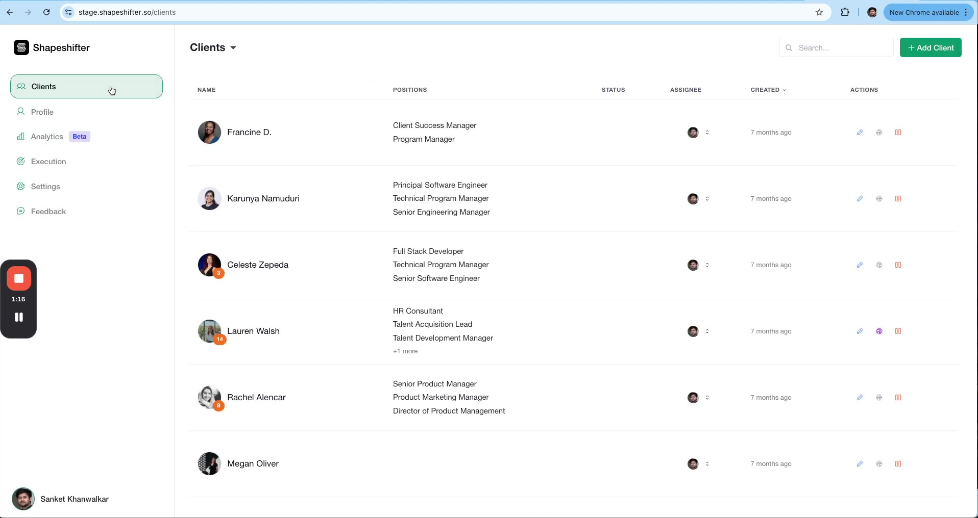 Screenshot of the 'Clients' page of Shapeshifter. Table with Name, Positions, Status, Assignee, Created, Actions columns.